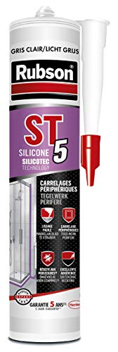 RUBSON ST5 , Mastic sanitaire spécial carrelages périphériques, Joint silicone à base aqueuse sans odeur, anti-moisissures, Coloris gris clair, cartouche 300ml