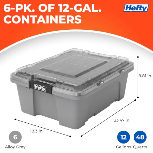 Image of Hefty 12 Gallon Storage Bin with Clear Lid, Heavy Duty Plastic Storage Container Stackable Tote for Garage Closet Home Organization, Medium Storage Bin, 6 Pack, Grey