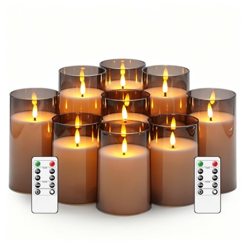Image of kakoya Flickering Flameless Candles Battery Operated with Remote and 2 /4 /6 /8 H Timer Acrylic Led Pillar Candles Pack of 9 (D 3 inch xH 4 inch 5 inch 6 inch) with Realistic 3D Wick Candles for Home Decor(Grey)
