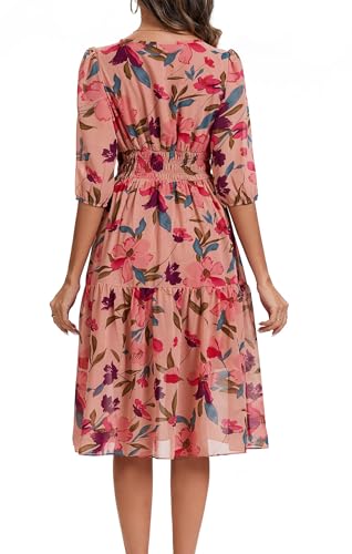 Image of Kormei Women Casual Boho Floral Round Neck 3 /4 Sleeve Smocked Waist Tiered A Line Flowy Swing Midi Dress Long Dresses