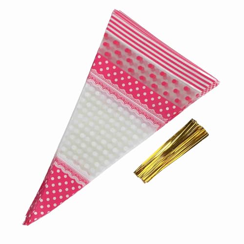 Gsycle 50PCS Cone Shaped Treat Bags, Clear Freely Cut Cotton Candy Bags Pre Rolled Cones with Twist Ties for Nuts Cookies Candy Popcorn