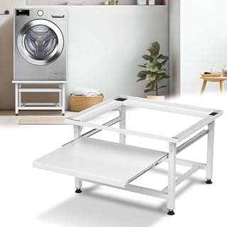 Jaxguom Support de machine à laver blanc avec étagères extensibles 3 hauteurs réglables, socle réglable pour sèche-linge à tambour et cadre de congélateur