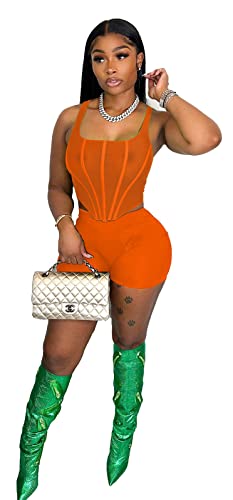 Salimdy Two Piece Outfits For Women Sexy Clubwear Mesh Sleeveless Crop Tops And Shorts Rompers Sets Tracksuit Orange #TOP30