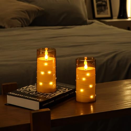 Image of Aignis Flickering Flameless Candles Battery Operated Candles LED Candles with Remote Timer for Home /Wedding /Birthday /Holiday Decor ,Brown 3D Flame Set of 2 (D3 xH6 6 inch)