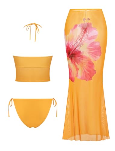 Image of ZAFUL Women 3 Piece Bikini with Cover Up Skirt Halter Bandeau Swimsuit Floral Tie Side Cheeky Bathing Suit
