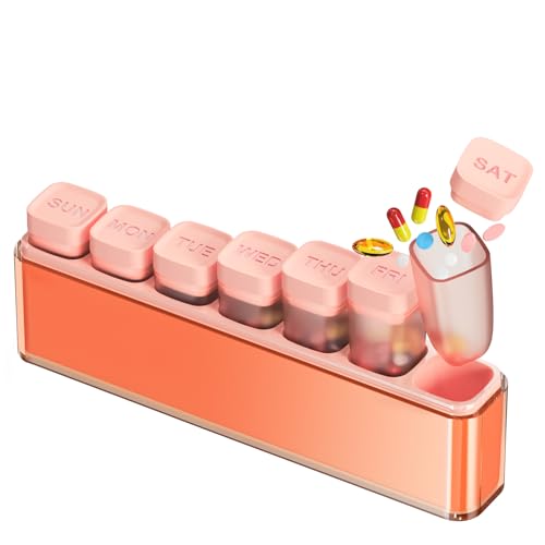 Image of Weekly Pill Organizer 1 Time a Day, HIONXMGA Portable Detachable Travel Pill Box 7 Day, Large Once Daily Pill Holder Case, Color-Coded Dispenser for Vitamin Medicine Supplement Fish Oil, Orange Pink