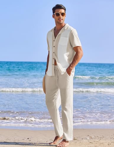 COOFANDY Men 2 Piece Linen Outfit Beach Button Down Shirt Casual Loose Pant Sets 7