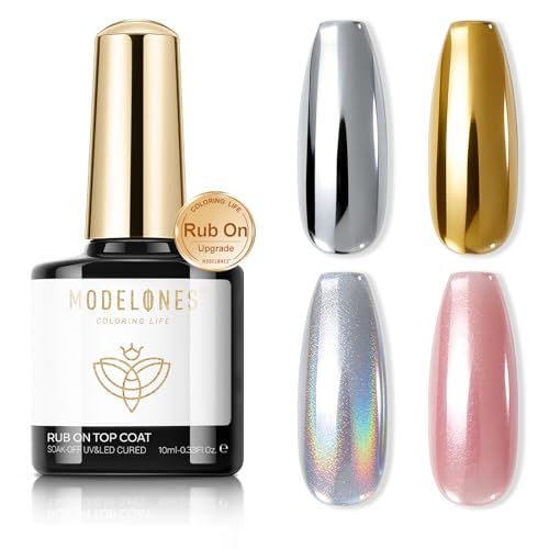 modelones Gel Top Coat for Chrome Nail Powder, Clear Mirror Gloss Metallic Finish No Wipe Gel Polish Long Lasting Soak Off Nail Lamp High Shiny for Home Salon DIY Professional Manicure Nail Art Gift