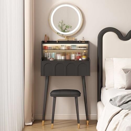 Espejo de tocador negro con luces, espejo de maquillaje giratorio y escritorio de madera con cajones y estantes abiertos para dormitorio de espacio pequeño, tocadores de maquillaje elegantes (50 cm)
