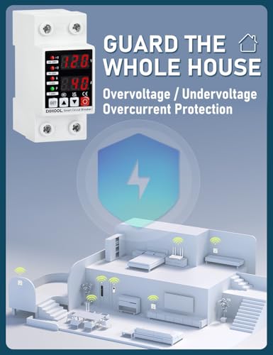 DIHOOL Adjustable Voltage Protector 110V 220V, Low/High Voltage Cutoff and Overcurrent Protection, 70-200V Undervoltage, 140-300V Overvoltage, 1-63A Smart Circuit Breaker AC Disconnect, DIN Rail Mount