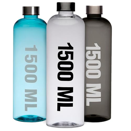 TIENDA EURASIA – Botella para Agua de 1500 ml | Tapa Roscada en Acero Inoxidable | Material: Poliestireno | Botella para Bebidas | Gran Capacidad | Libre de BPA (Transparente)