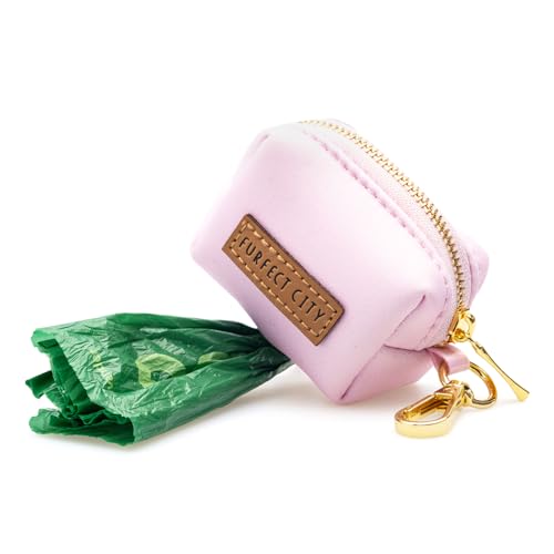 Image of Dog Poop Bag Holder with Leash attachment, Waste litter bag container, Lead accessories, Metal hook hands free holder, Zipper pouch stylish gold hardware (Pink)