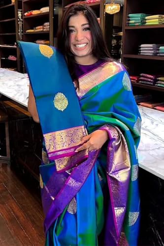Image of SWORNOF Women's Woven Khadi Georgette Silk Saree With Unstitched Blouse Piece