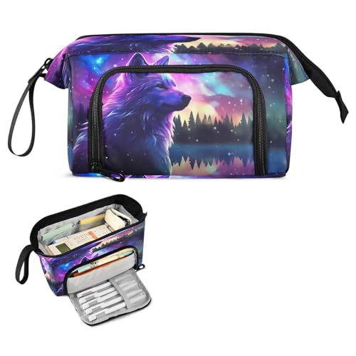 Image of Watercolor Galaxy Stars Wolf Pencil Case Pouch Big Capacity Pencil Bag Box Organizer Pen Case with Zipper Pencil Cases for Girls Boys Women Kids Adults School