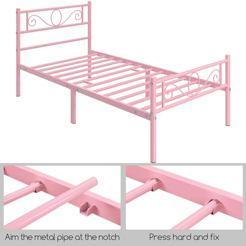 Yaheetech Bettrahmen 90 x 200 cm Metallbett mit Lattenrost Einzelbett Gästebett Jugendbett mit Kopfteil für Schlafzimmer Gästezimmer Hellrosa