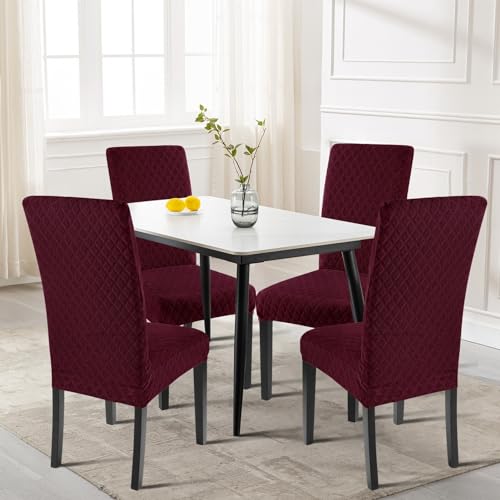 Image of SearchI Dining Room Chair Covers Set of 4, Stretch Jacquard Parsons Chair Slipcovers Super Fit Removable Washable Kitchen Chair Protector Cover for Dining Room, Hotel, Ceremony (Wine Red)