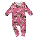 DOMIKING Azalea Pink Custom Baby Boy Girl Pajamas Personalized Unisex Footie Pajamas Long Sleeve One-Piece Footed Sleep and Play Pjs, 18-24 Months