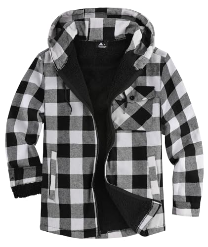 Image of V VALANCH Men's Sherpa Lined Flannel Jacket with Hood - Zip Up Plaid Shirt Jacket Winter Outdoor Warm Outerwear Fleece Coat