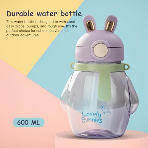 Image of Baybee Lovely Bunnies Kids Water Bottle 600ml | BPA Free & Leakproof Safe Sipper Bottle with Straw | Cute Rabbit Design Smooth Sipping with Handle & Neck Strap,Flip Lid for School Kids & Babys(Purple)