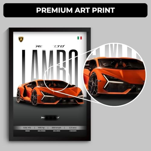 Image of Lamborghini Revuelto Poster | Framed Lamborghini A4 Sized (31 x 23 cm) | Car Poster for Wall, Gift for Boys, Supercar Posters | Supercar Frames | Car Posters for Wall, Bedroom, Hostel, Study Room (F 011)