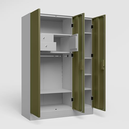 Image of GODREJ INTERIO Almirah Slimline 3-Door Steel Almirah, Cupboard for Clothes (Royal Ivory and Olive Branch), 1-Year Warranty, 6 Shelves, 1 Locker, 2 Drawers, Star Design Mirror