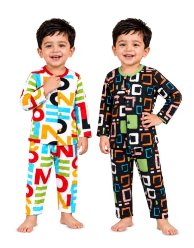 Image of 3BROS Kids Pure Cotton Night Suit Set | Boys Girls Printed Sleepwear Shirt & Pajama Clothing Combo | Soft Breathable Night Dress Outfit | Pack of 2