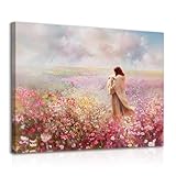 Dazzlewall Gerahmte Christliche Wandkunst, Jesus Umarmt Lamm im Blumenfeld Malerei Druck für Kirche Schlafzimmer Gebetsraum Dekor 12x16 zoll