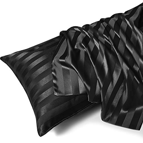 Image of MR&HM Satin Body Pillow Cover, Soft and Breathable Body Pillow Case with Envelope Closure, Cooling and Silky Long Pillowcase for Hair and Skin,Grey (20x54, Black Striped)