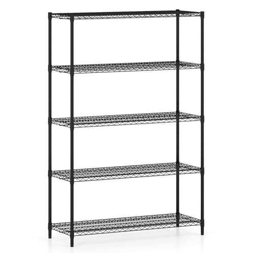COSTWAY 3/4/5/6-Tier Metal Shelving Unit, Adjustable Wire Storage Shelves with V-shaped Shelving Rack & 4 Hooks, Narrow Utility Storage Shelf for Home Kitchen Garage (121 x 46 x 184cm, No Hooks, 5)