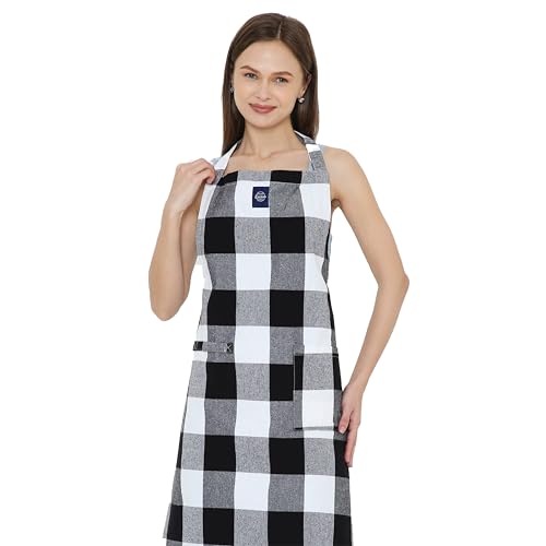 Image of Encasa XO Cotton Cooking kitchen Apron for Women and Men chef apron With adjustable neckstrap, Pocket & Towel Holder for Easy cooking, Baking, BBQ, Gardening- Buffalo Black Checks, 68x85 cm