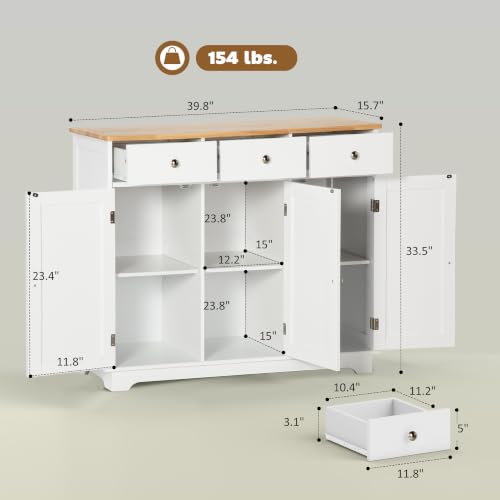 Image of HOMCOM Sideboard Buffet Cabinet Solid Wood Countertop White