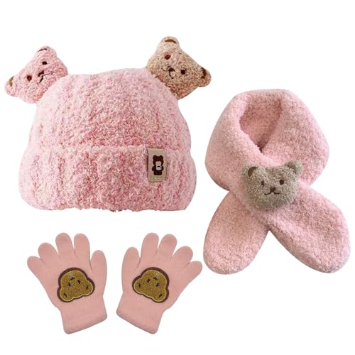 KASESSS 3 in 1 Conjunto Bufanda Gorro y Guantes Niño, Cálido Guantes Gorro y Bufanda Niña, Grueso Polar Gorro y Bufanda Bebe con Patrón de Oso para Deportes al Aire Libre de Invierno (Rosa)