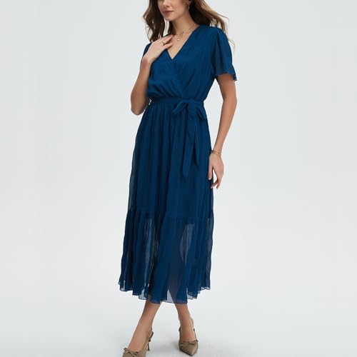 Image of Women's Summer Bohemian Floral Chiffon Dress Cap Sleeve V Neck Ruffle Long Flowy Boho Casual Vacation Dresses
