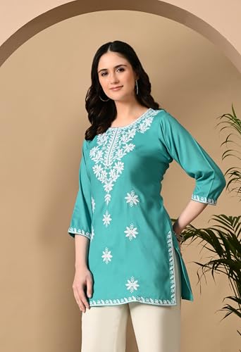 Image of LIBOZA Women's Chikankari Embroidered Short Kurti, Rayon Fabric, Three-Quarter Sleeves, Available in Pink, Black, Mustard Yellow, White, Pista and Green