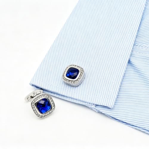 Mancuernillas plateadas con cristal azul cuadradas para hombre miniatura 3
