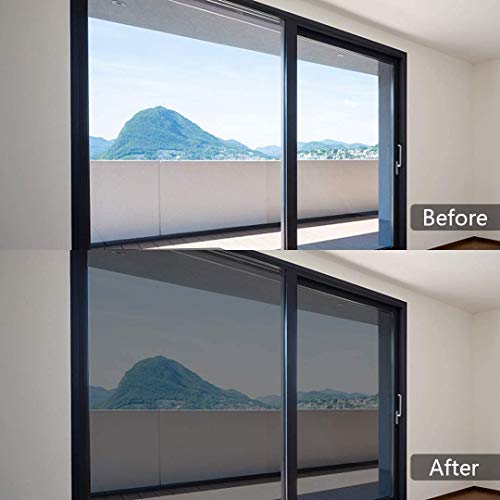 Filmgoo Window Privacy Mirror Film Non-Adhesive Static Cling One Way Daytime Privacy Film Sun Blocking Heat Control Window Tinting Film for Home Office, Black-Silver, 29.5 Inch x 13.1 Feet