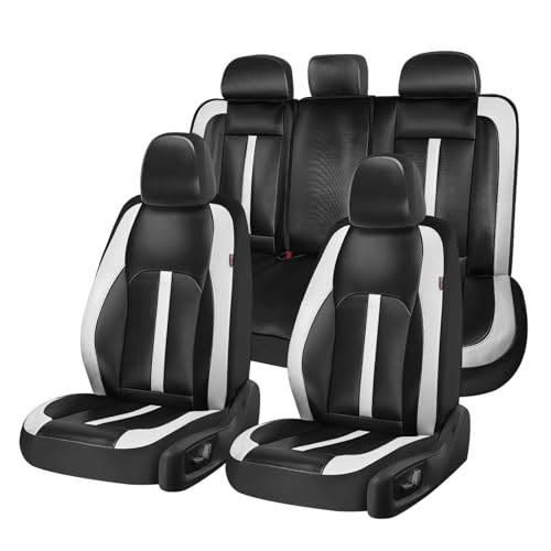 Image of Coverado Leather Car Seat Covers Full Set & Carbon Fiber, Waterproof and Durable All Weather Protector, Universal Fit for SUV, Pickup Truck, Sedan, Automotive Vehicle Interior, Black&White
