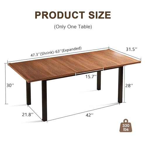 Extendable Dining Table for 4-6, 63" Modern Kitchen Table, Farmhouse Dining Room Tables for Dining, Kitchen, Office, Living Room, Rectangular Wooden Tables, Space Saving (Walnut) - Image 3