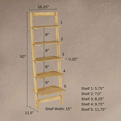 Lavish Home 5-Tier Ladder Bookshelf- Leaning Decorative Shelves, Pickled Oak