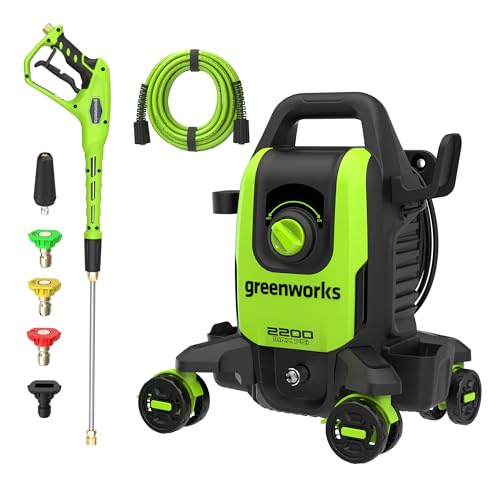 Image of Greenworks 2200 PSI (1.2 GPM Max) Electric Pressure Washer (0, 15, 25, Soap, and Turbo Nozzle) for Use On Cars, Decks, Fences, Concrete Patios, Sidewalks & More. Medium-Duty