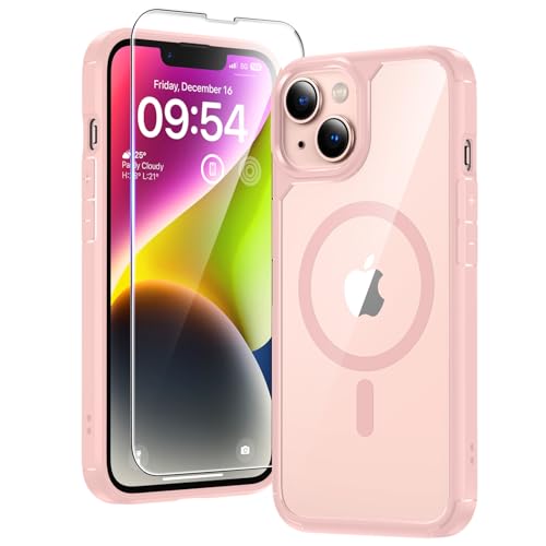 Image of TAURI for iPhone 13 Case, Compatible with MagSafe, Pink | with Screen Protector, Not-Yellowing Military-Grade Protection, Shockproof Slim Magnetic Case for iPhone 13