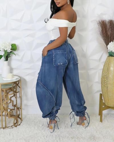 Voghtic Women's Baggy Y2K Elastic Waisted Jeans Bow-Knot Drawstring Pull-On Cargo Denim Pants Harem Pants Streetwear2