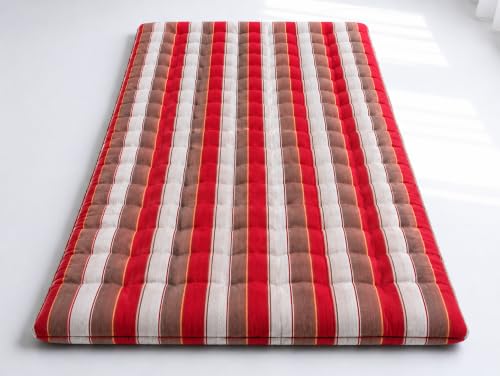 Image of H B MSALA 3 Inch Soft Cotton Gadda Mattress, Maroon, 78x72 inches,Lining Pattern, Foldable & Breathable, Lightweight Bedding, for Floor & Bed, Guest Room Use