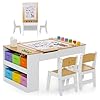 HONEY JOY Kids Table and Chair Set 3 in 1 Wood Arts and Crafts Activity Table wPaper Roller 6 Paint Cups Storage Canvas Bins Children Learning Furniture Toddler Table and Chair Set Natural