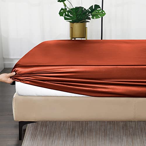 Image of Ersmak Silk Satin Fitted Sheet, Soft Deep Pocket Bottom Luxury Queen Fitted Sheet, Wrinkle Free, Breathable, Fade Resistant - Orange