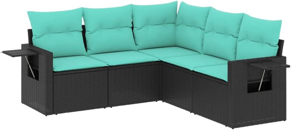 vidaXL - Black Poly Rattan Patio Sofa Set with Cushions - Outdoor Garden Furniture - Modular Design - 5 Piece - UV Resistant - Comfortable Seating - Blue Cushions - 24.4"-33.5" x 24.4" x 27.2"