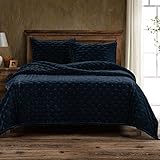 HiEnd Accents Stella Faux Silk Velvet 3 Piece Quilt Set with Pillow Shams, Queen, Midnight Blue Solid Color, Luxury Bedding, 1 Quilt and 2 Pillowcases