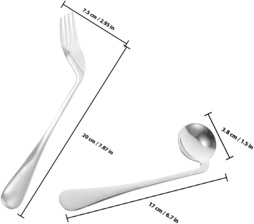 OUNONA Ergonomic Angled Spoon and Fork for Right Handed Disabled Adults Stainless Steel Curved Feeding Utensils with Non Slip Handle for Easy Self Feeding and Daily Use Adaptive Tableware