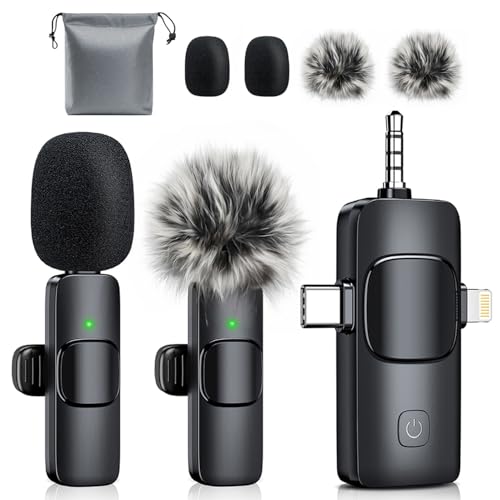 3-in-1 Mini Microphone for iPhone: Wireless Lavalier Microphones for iOS/Android Devices/Camera – Noise Reduction Lapel Mic – Clip on Mic for Video Recording Vlog/YouTube/Interview