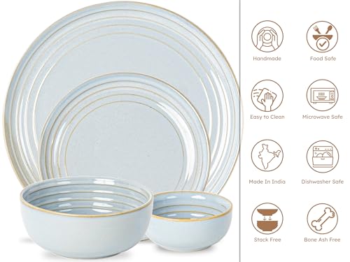 Image of Bodhi House Handcrafted Chip Resistance Porcelain Dinner Set, 20 Pieces Dish Set Serving for 6, Microwave and Dishwasher Safe, Bone-ash Free, Crockery Set for Dining and Gifting, Arctic Blue